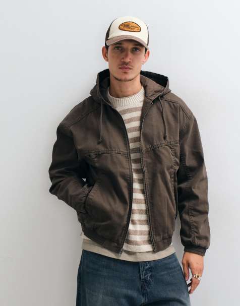 Hollister oversized denim skater jacket with hood in washed brown - view 1