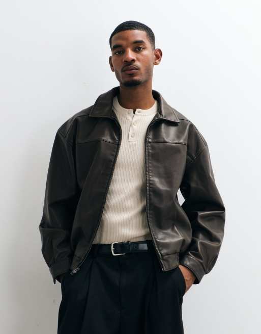 Hollister oversized faux leather bomber jacket in brown, 1 of 5
