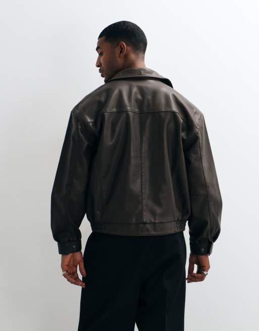 Hollister oversized faux leather bomber jacket in brown, 4 of 5