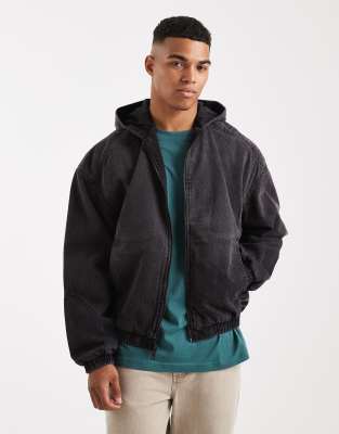 Hollister Hollister oversized hooded denim bomber jacket in washed black-Grey
