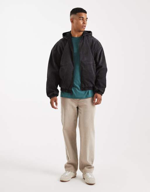 Hollister oversized hooded denim bomber jacket in washed black, 2 of 5