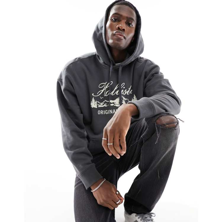 Polartec Quilted Jacket Hollister oversized shearling trim hoodie with felt chest print in black RcjShops