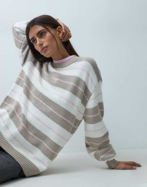 Hollister oversized knitted crew neck sweater in white and brown stripe - view 1