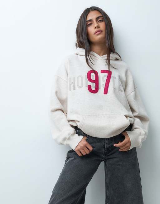 Hollister oversized logo graphic hoodie in oatmeal, 1 of 4
