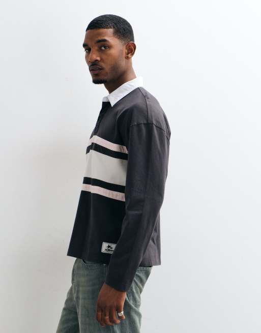 Hollister oversized long sleeve rugby polo in black stripe, 5 of 5