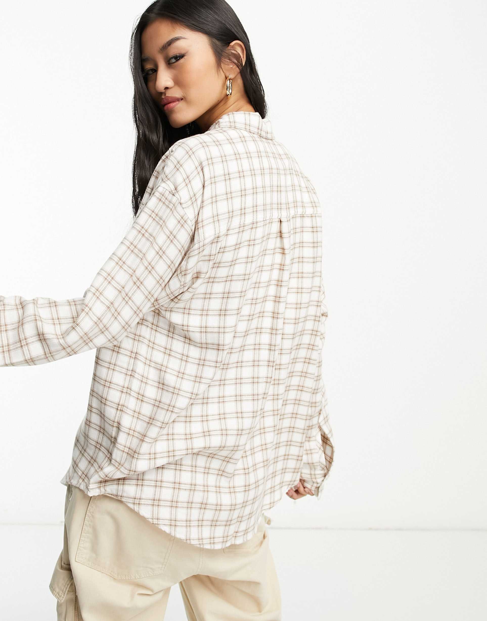 Hollister oversized plaid shirt in cream and tan view 3