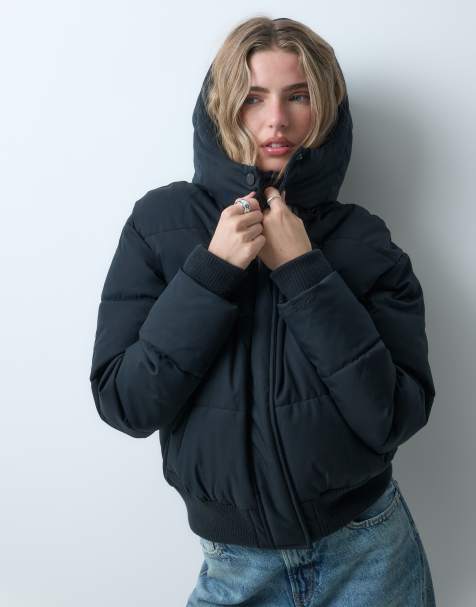 Hollister oversized puffer jacket with hood in black - view 1
