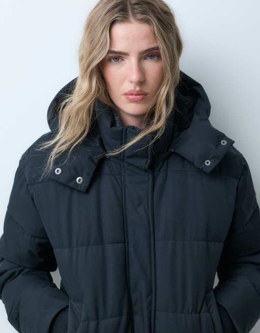 Hollister oversized puffer jacket with hood in black, 2 of 5