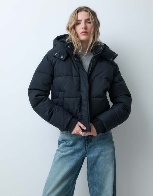 Hollister oversized puffer jacket with hood in black, 5 of 5