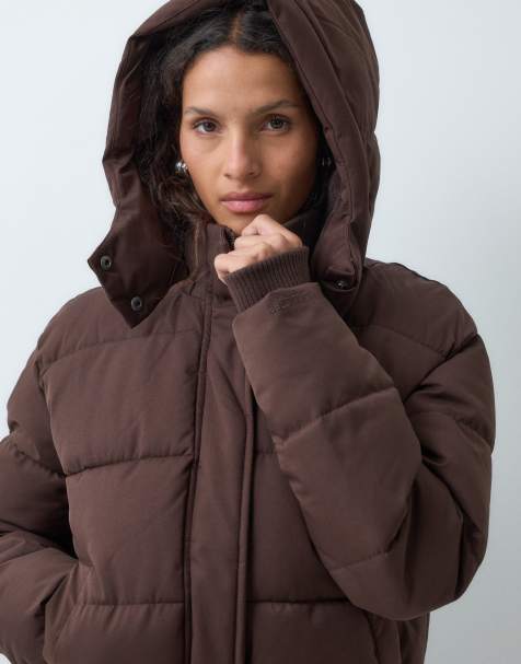 Hollister oversized puffer jacket with hood in brown - view 1