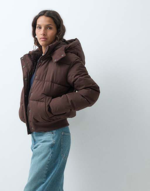 Hollister oversized puffer jacket with hood in brown, 5 of 5