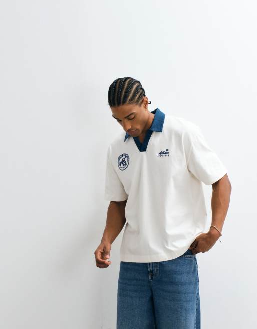 Hollister oversized short sleeve polo with contrast collar in white