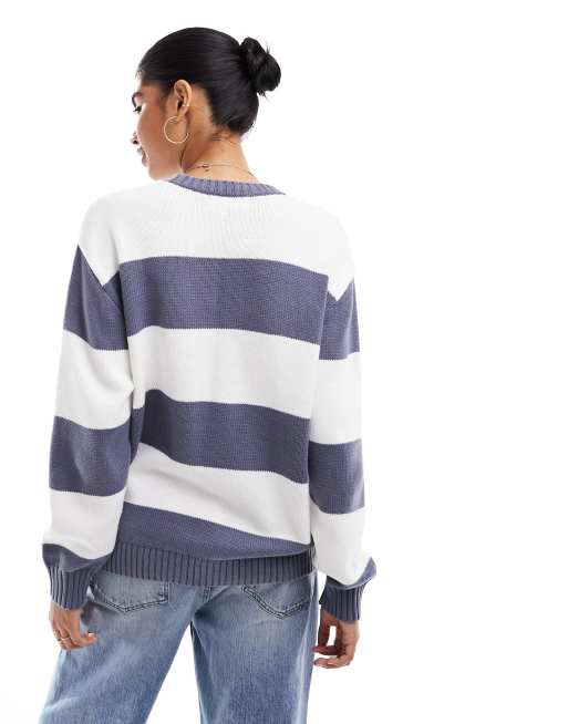 Hollister Medium Women Sweater Blue w/White Stripes Long Sleeve Measurements