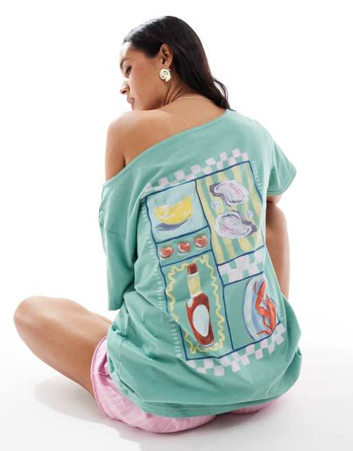 Hollister - Oversized T-shirt met korte mouwen, print en blote schouders in groen