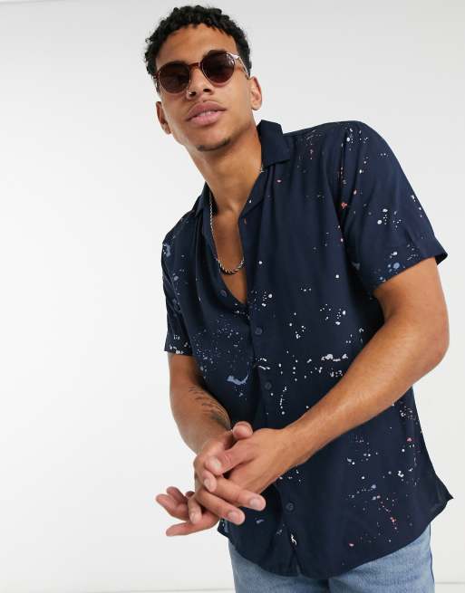 Hollister paint splatter short sleeve shirt in navy | ASOS