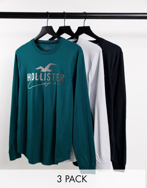 Hollister - Pakke med 3 langærmede T-shirts i sort/grøn/grå med logo på brystet