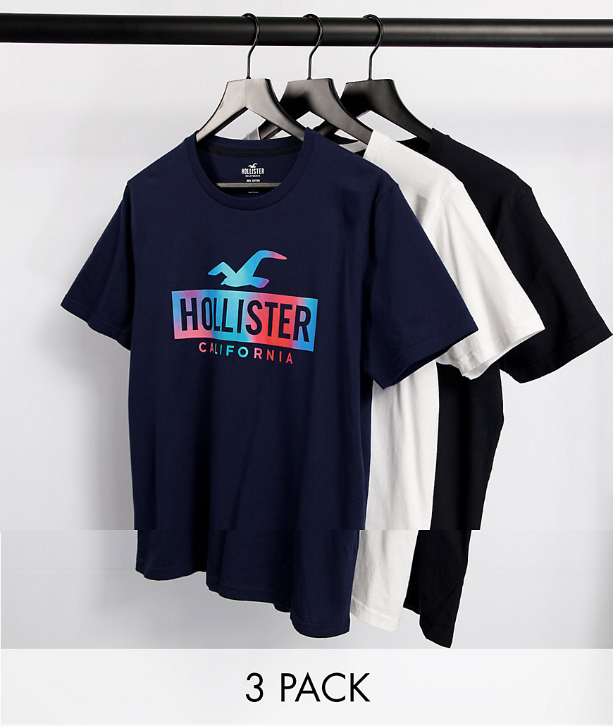 Hollister - Pakke med 3 t-shirts firkantet logo med ombre-effekt i hvid/marineblå/sort-Multifarvet