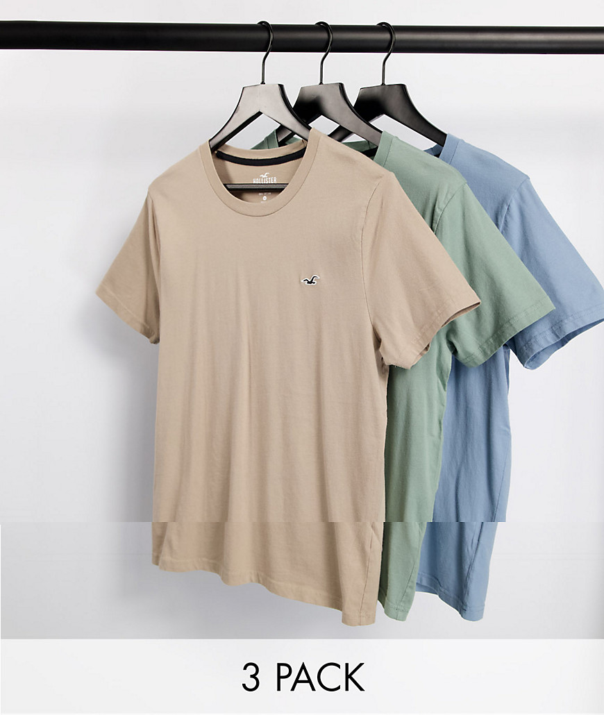 Hollister - Pakke med 3 t-shirts med ikonlogo i beige/blå/grøn-Multifarvet