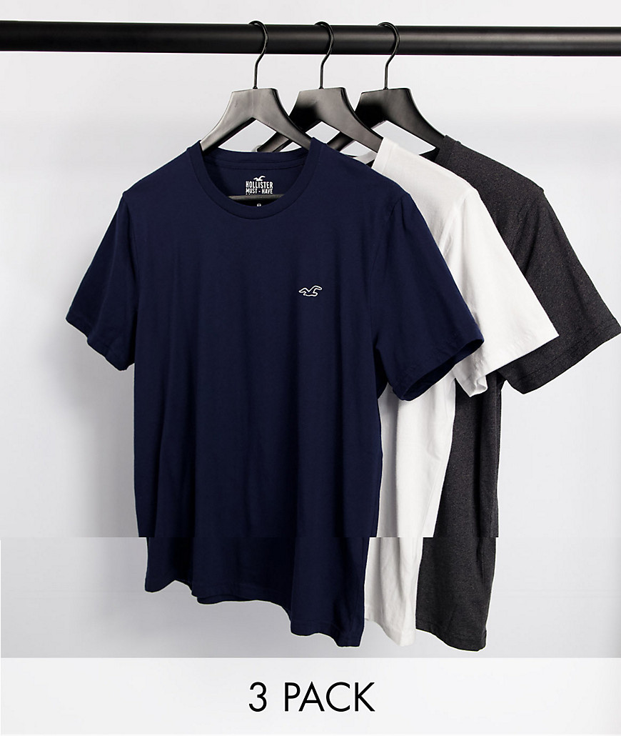 Hollister - Pakke med 3 t-shirts med logo i hvid/marineblå/meleret sort-Multifarvet