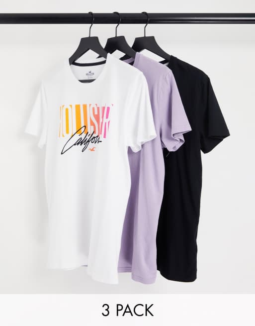 Hollister - Pakke med 3 T-shirts med ombré-logoprint i hvid/lyslilla/sort