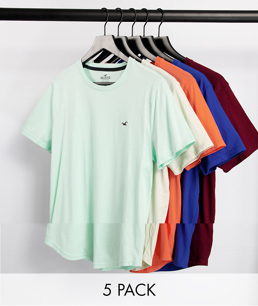 Hollister - Pakke med 5 t-shirts med buet kant og ikonlogo i blå/mintgrøn/lyserød/bordeaux/grå-Multifarvet