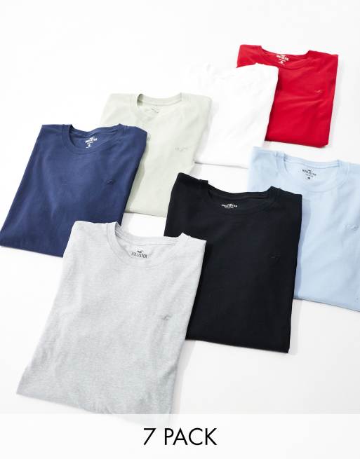 Hollister - Pakke med 7 t-shirts med logoikon i hvid/sort/grå/blå farver/grøn/rød