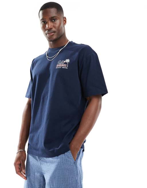 新品タグ付きPALM SPRINGS オーバーサイズTシャツ Hollister Palm Springs back print t-shirt boxy fit in navy | ASOS