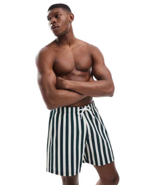 Hollister - Pantaloncini da bagno verdi con stampa a righe e logo - view 1