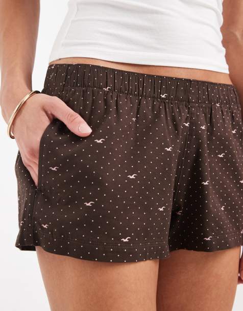 Hollister - Pantaloncini del pigiama stile boxer marroni con stampa del logo - view 1