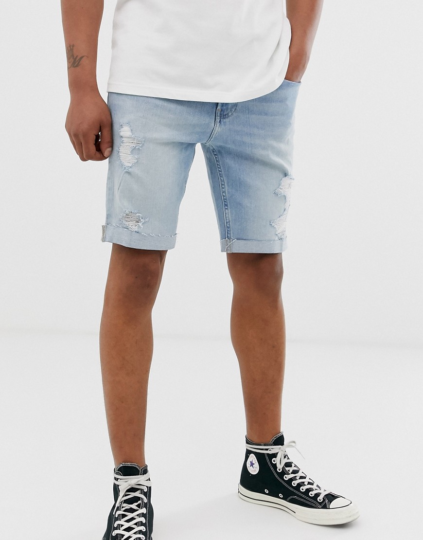 Hollister - Pantaloncini di jeans skinny effetto consumato lavaggio chiaro-Blu