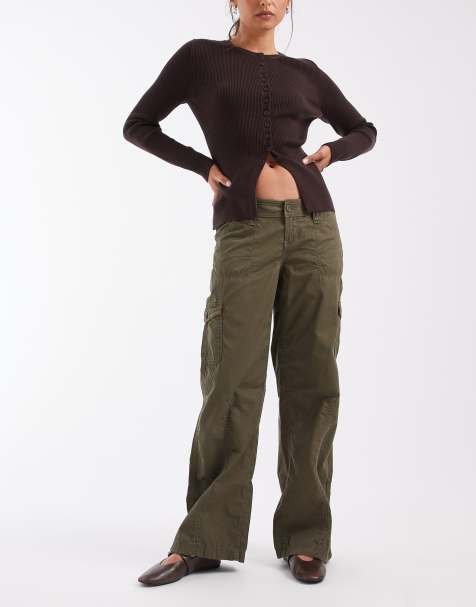 Hollister - pantalones de pernera ancha de talle bajo con cintura ajustable en caqui - view 1