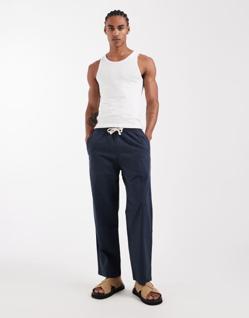 Hollister - Pantaloni ampi in misto cotone e lino blu navy