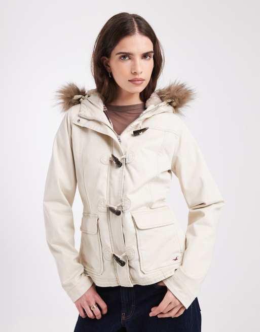 Hollister parka met lange pasvorm, knepsluitingen en capuchon in beige, 1 van 4