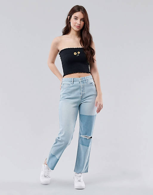 Hollister patchwork ripped straight leg jeans in light blue wash