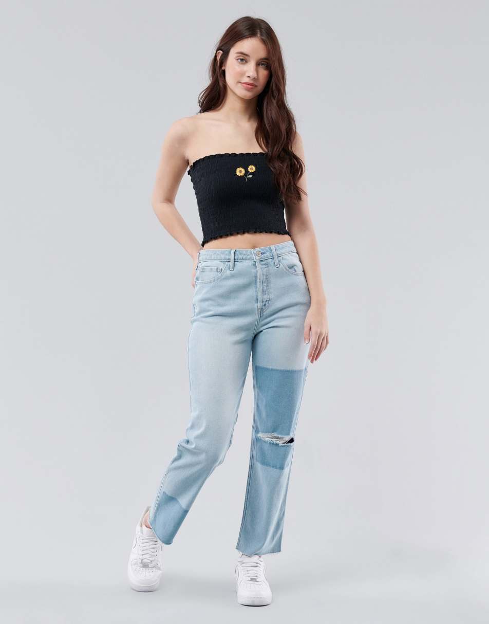 Hollister patchwork ripped straight leg jeans in light blue wash