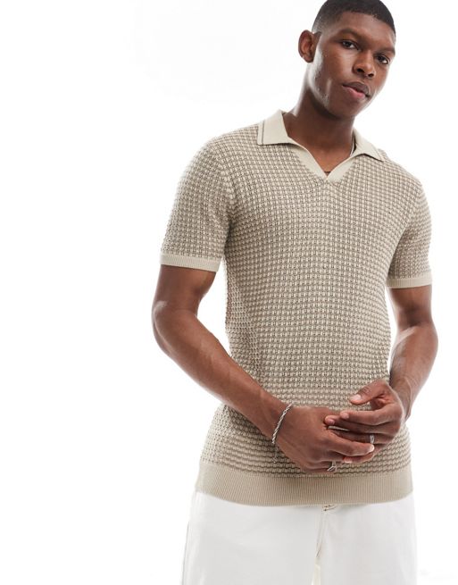 Hollister pattern open stitch knit tipped polo in tan/grey