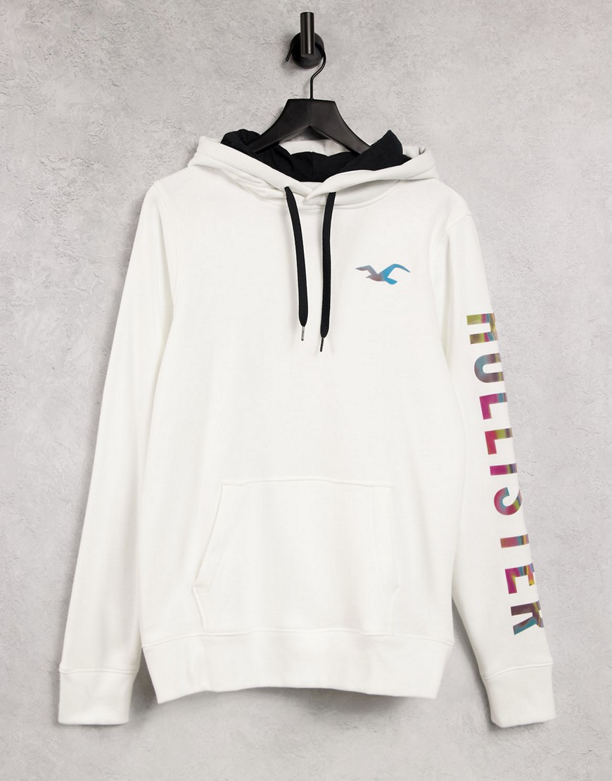 Hollister perspective ombre sleeve logo hoodie in white