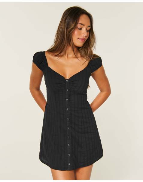 Hollister Petite cap sleeve button mini dress in black - view 1