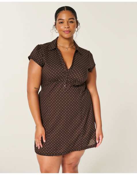 Hollister Petite short-sleeve collared shirt dress in brown dot - view 1