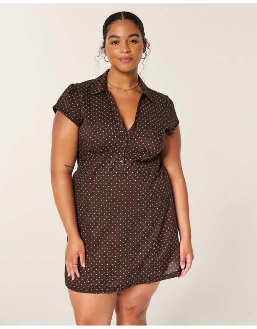 Hollister Petite short-sleeve collared shirt dress in brown dot