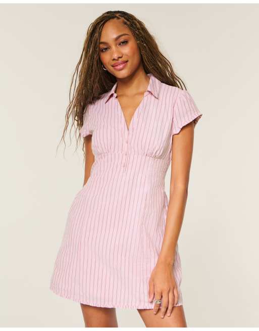 Hollister Petite short-sleeve collared shirt dress in light pink stripe