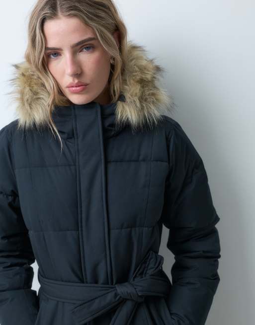 Hollister piumino con cintura e cappuccio in pelliccia nero, 3 di 5