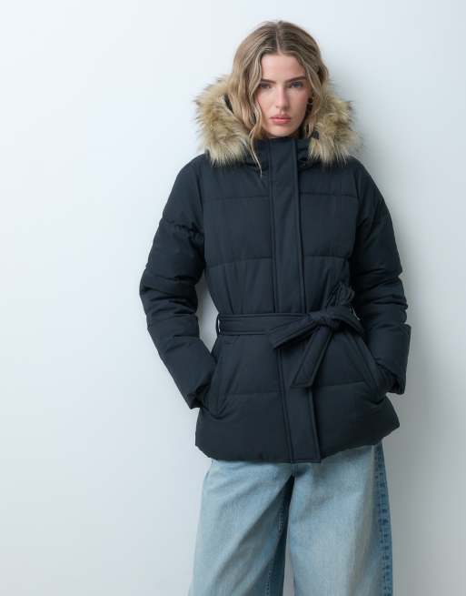 Hollister piumino con cintura e cappuccio in pelliccia nero, 5 di 5