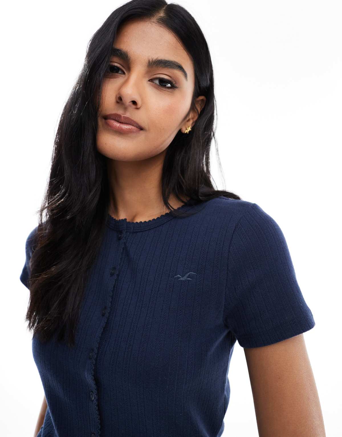 Hollister pointelle short sleeve cardigan in navy