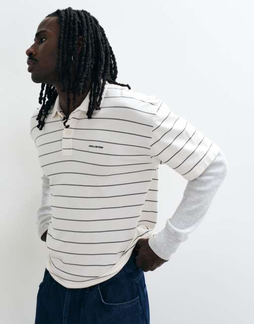 Hollister polo a maniche lunghe 2 in 1 a righe bianche e blu, 4 di 5