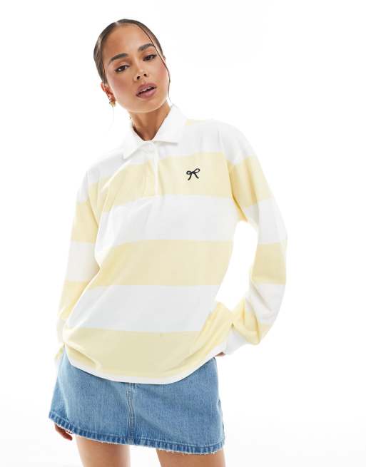 Hollister - Polo a maniche lunghe gialla a righe con dettaglio sul petto