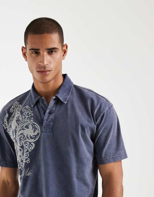 Hollister - Polo coupe carrée à imprimé graphique - Bleu marine 