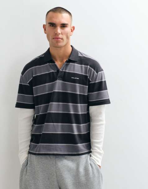 Hollister polo de manga larga 2 en 1 a rayas negras - view 1