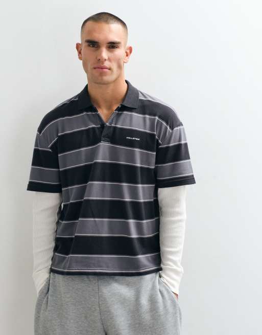 Hollister polo de manga larga 2 en 1 a rayas negras, 1 de 5