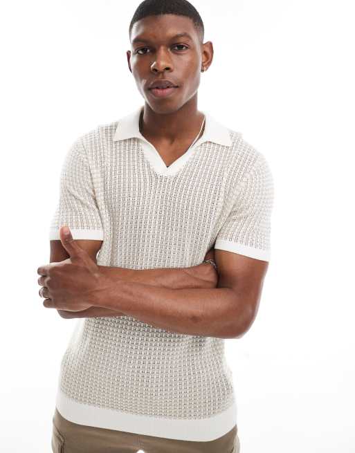 Hollister - Polo en maille ajourée à motifs ton sur ton - Blanc